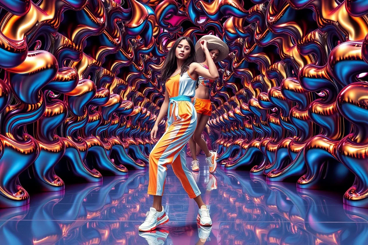 beautiful lady with todays modern clothing and sport shoes, in surreal stage made of 3d fractal random size recursive objects with helical strip colors in clothing similar to environment full body dancing to camera,animating background metallic random color and size recursive objects