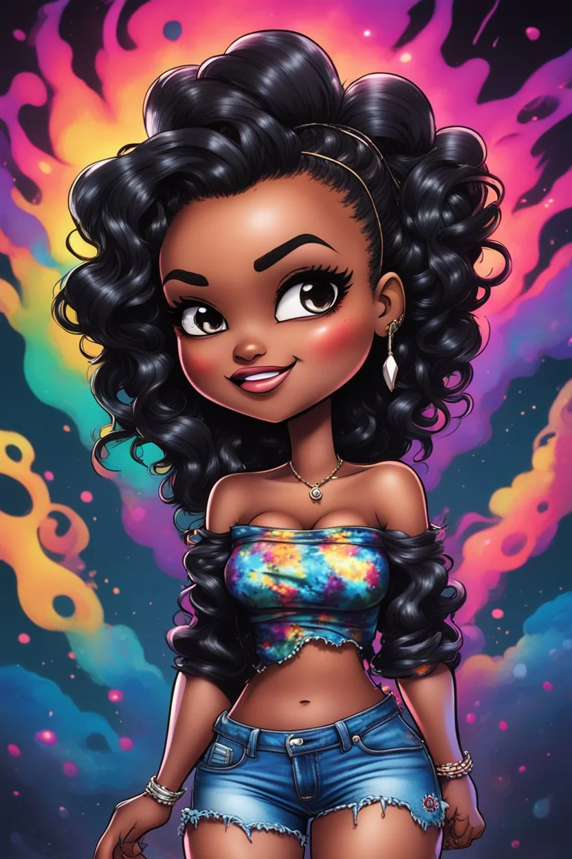 vibrant psychedelic comic book image, airbrush, 48k, cartoon art of a chibi curvy black female wearing torn jeans pants and a black tie dye off the shoulder blouse. Prominent make up with lush lashes. Highly detailed sleek wavy ponytail