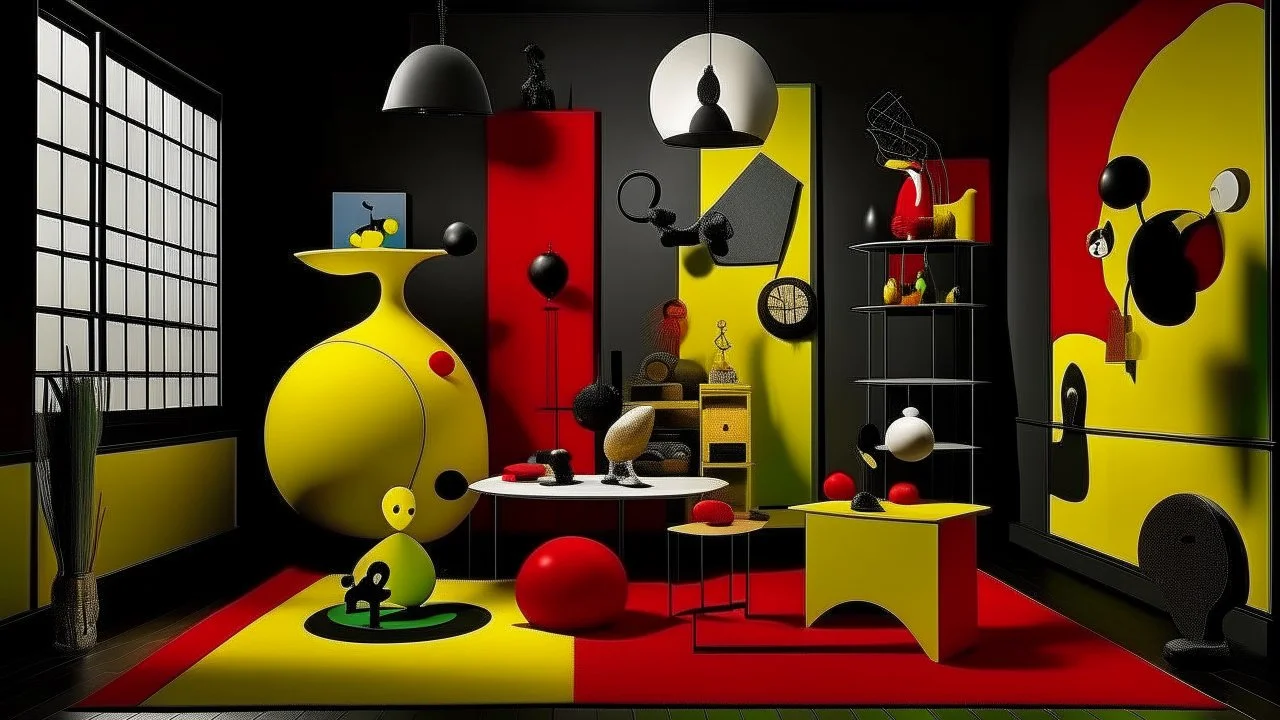 Habitación inspirada en Interior holandés I de Joan Miró → Diseño surrealista → Automatismo poético → Objetos domésticos transformados en signos flotantes → Composición libre y dinámica → Luz neutra de estudio → Amarillos, negros, verdes y rojos intensos → Humor onírico.