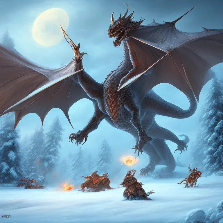 gigantic battle with a dragon in winter