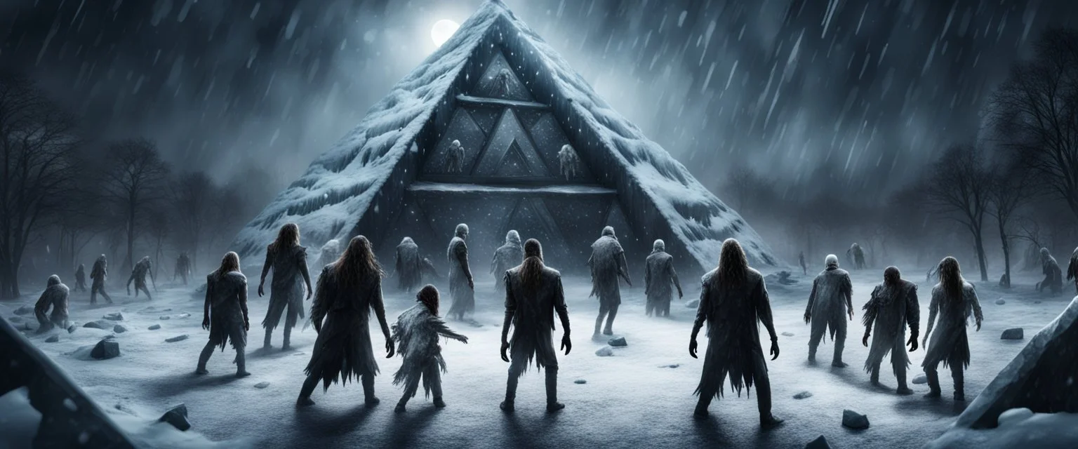 Hyper Realistic areal view of zombies outside a frozen pyramid at dark snowfall night