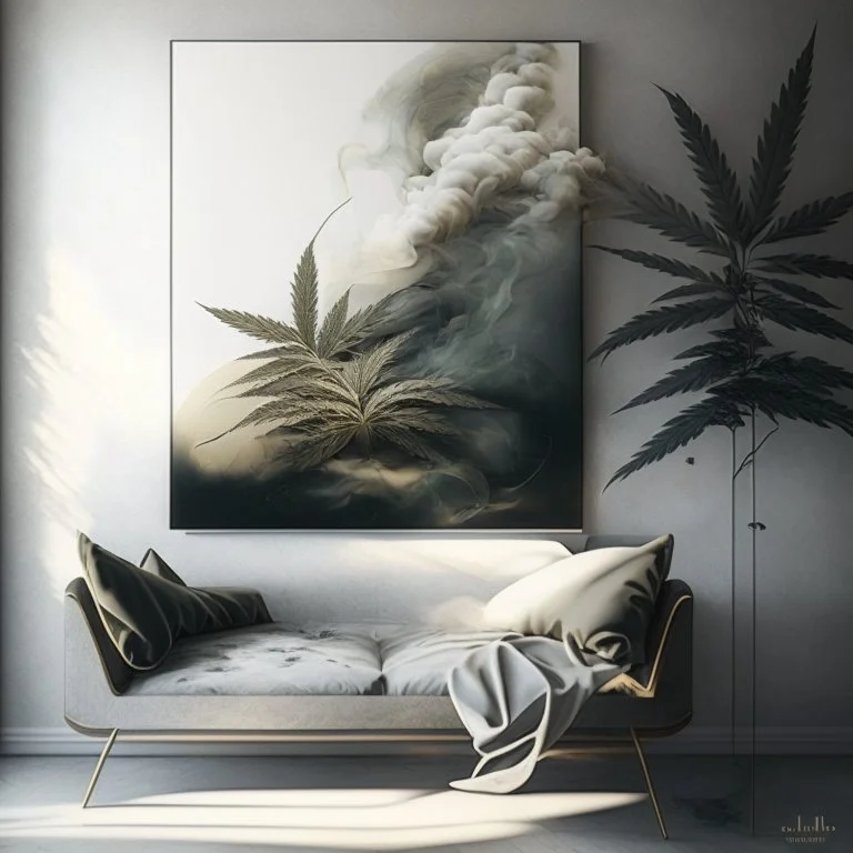 Design an artwork that showcases the pleasure and relaxation derived from indulging in hash and weed, using elements like soft textures, hazy atmospheres, and gentle curves to evoke a sense of tranquility and bliss.