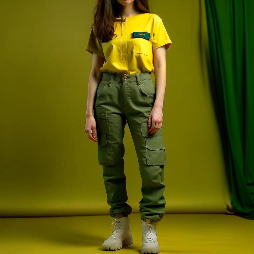 Women model catwalk wearing cargo jeans with patch with twill armor jellow and green