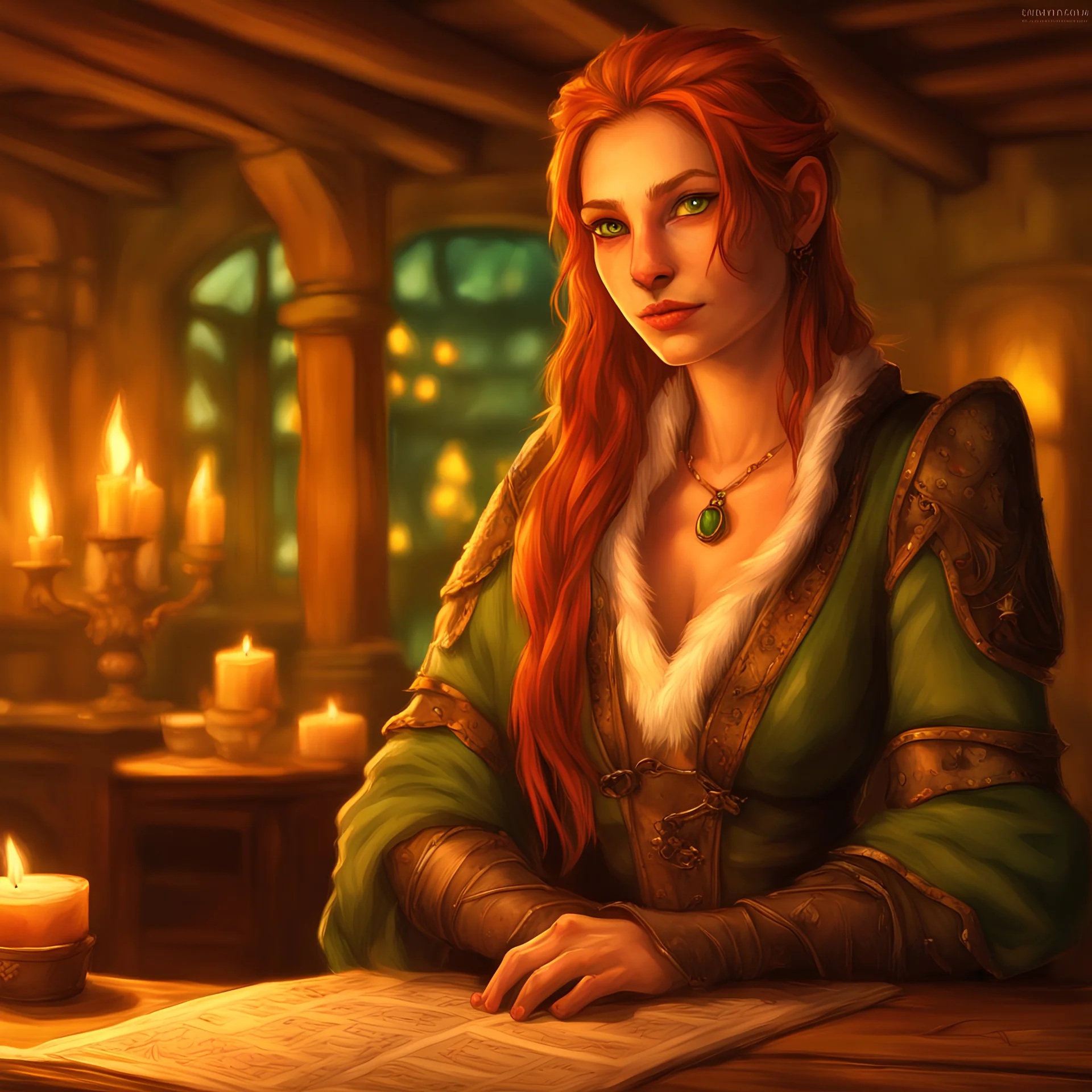 portrait of a Tabaxi female bard in D&D style, white fur with black and orange spots, long auburn hair cascading over shoulders, green eyes gazing seductively, feline facial features, stance conveying allure, intricate costume design, fantasy tavern background, patrons and wood-beamed ceilings slightly out of focus, candlelight casting a warm glow, ultra realistic, highly detailed, dramatic lighting, facing front