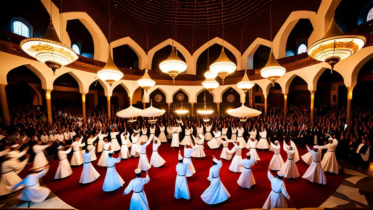 Epic wide-angle photograph of the Sema ceremony at night inside the majestic Mevlana Museum in Konya, Turkey. Multiple Whirling Dervishes in flowing white robes (tennure) and brown felt hats (sikke) are spinning gracefully across the polished floor. The lighting is dramatic and ethereal, with golden light from traditional lamps illuminating the swirling figures and creating a sense of divine ecstasy. The atmosphere is deeply spiritual, transcendent, and peaceful, honoring the memory of Jelaluddi