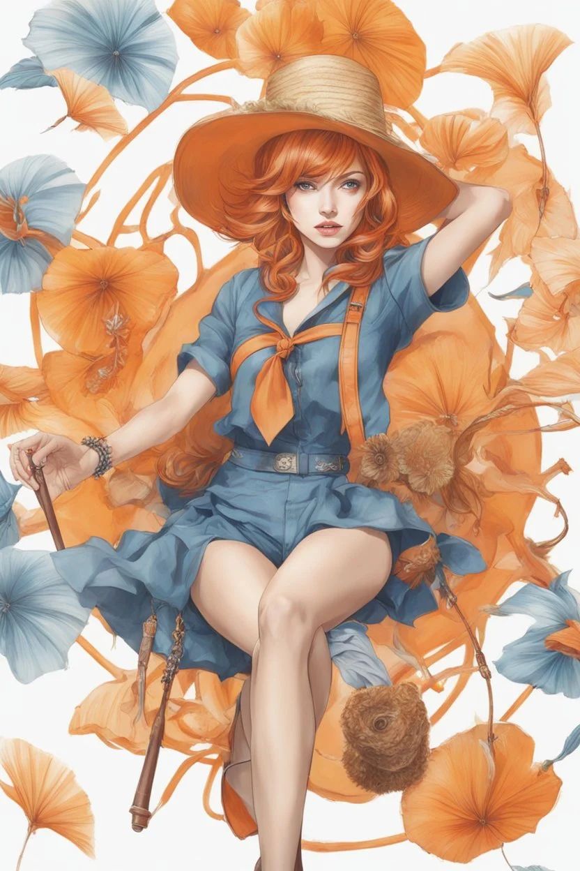 Full body of beautiful girl nami, Hair Color: Orange, Style: Wavy, Outfit Top: Blue, Outfit Bottom: Orange, Shoes: Brown, Accessories: Tangerine, Weapon: Clima-Tact, Hat: Straw, Tattoo: Pinwheel, Earrings: Hoops, sophisticated,, beautiful woman, hyper realistic, hyperrealism, photoreal, realistic, photorealistic, soft pastels, full-body, standing, long shot, wide angle, aesthetic