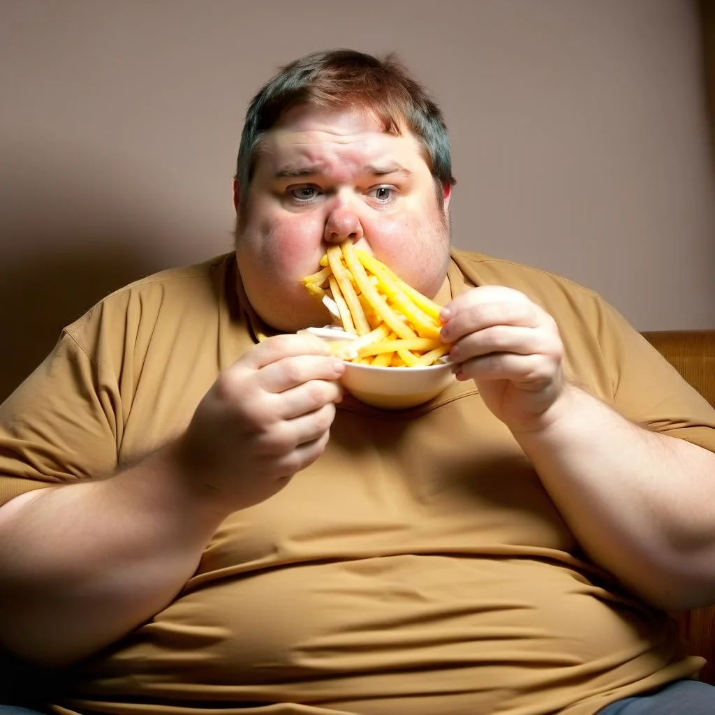 Fat american eating fries