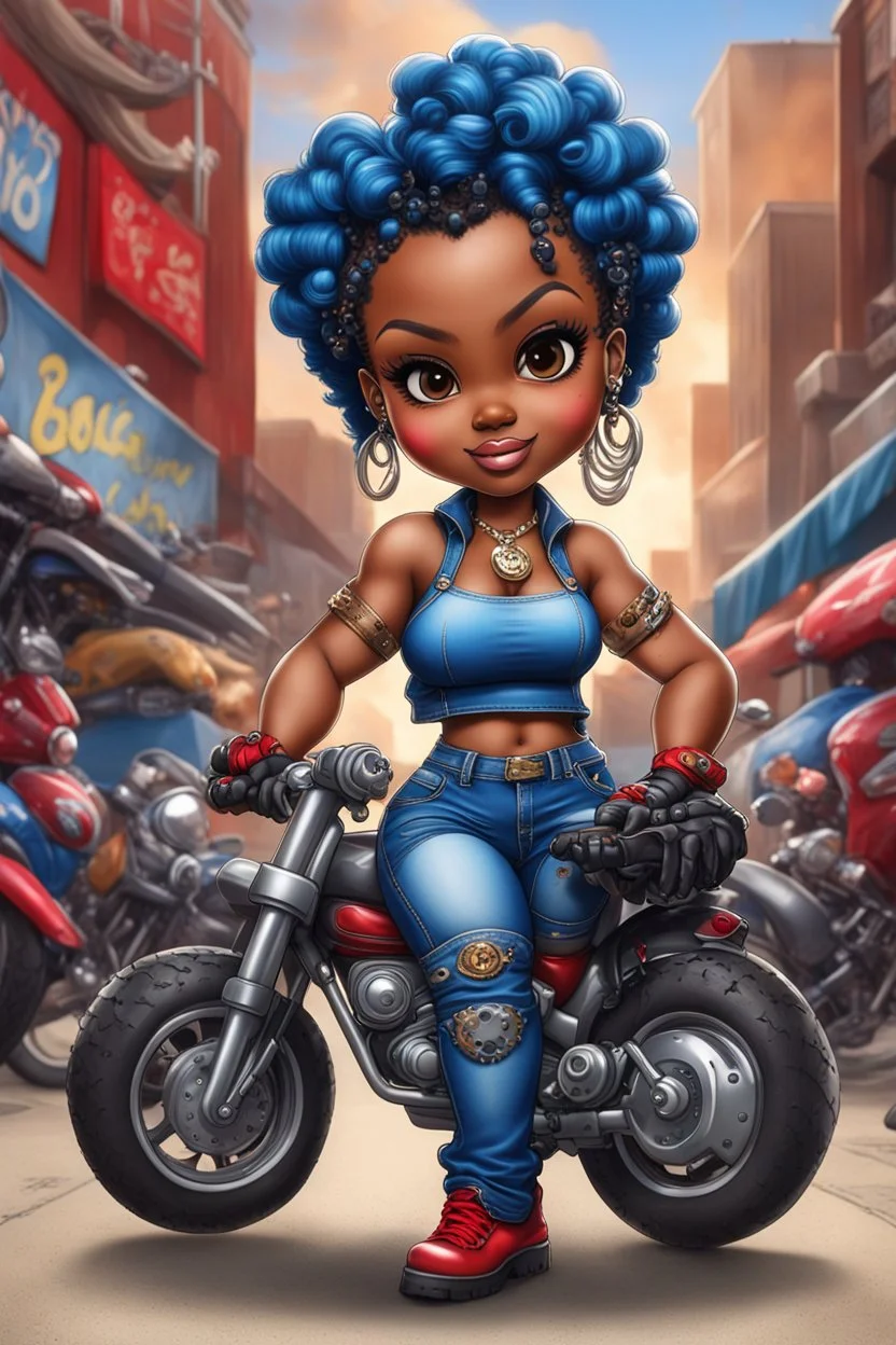 airbrush illustration of the chibi cartoon character, a voluptuous black female in a blue jean outfit with biker boots. Her prominent makeup and hazel eyes, along with her detailed red bantu knots, are featured in this image, set against the background of a lively bike show.