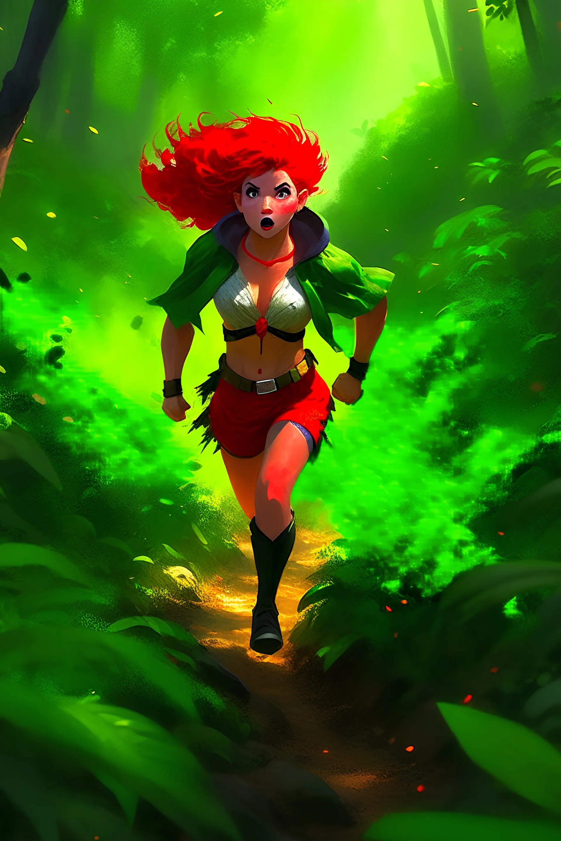 A redheaded superheroine with red cape, torn shirt and ripped shorts running in the jungle.