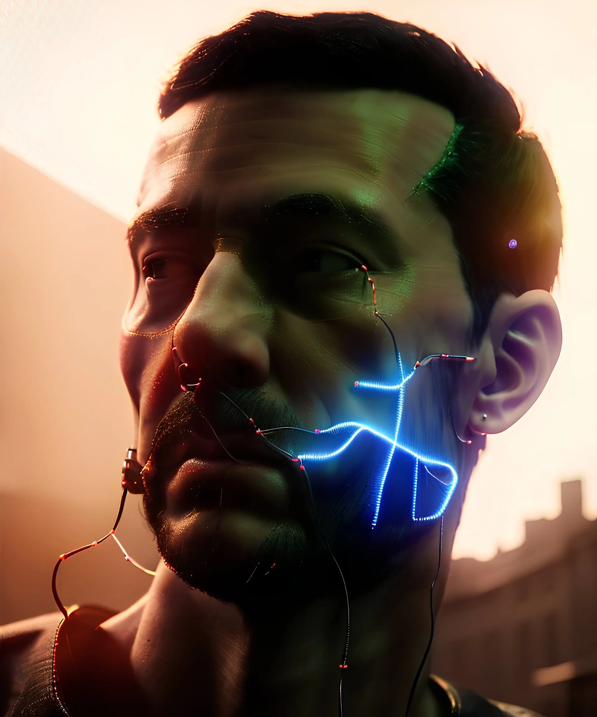 Ultra realistic photographic night portrait, long shot view, cinematic, naked, young, face shaved, led lights <strong man> <hanging wires> many wires connected to the head <perfect pupil> <cyborg> <garage> <sci-fi futuristic> <thriller>, fog, soft color, highly detailed, unreal engine 5, ray tracing, RTX, lumen lighting, ultra detail, volumetric lighting, high definition.