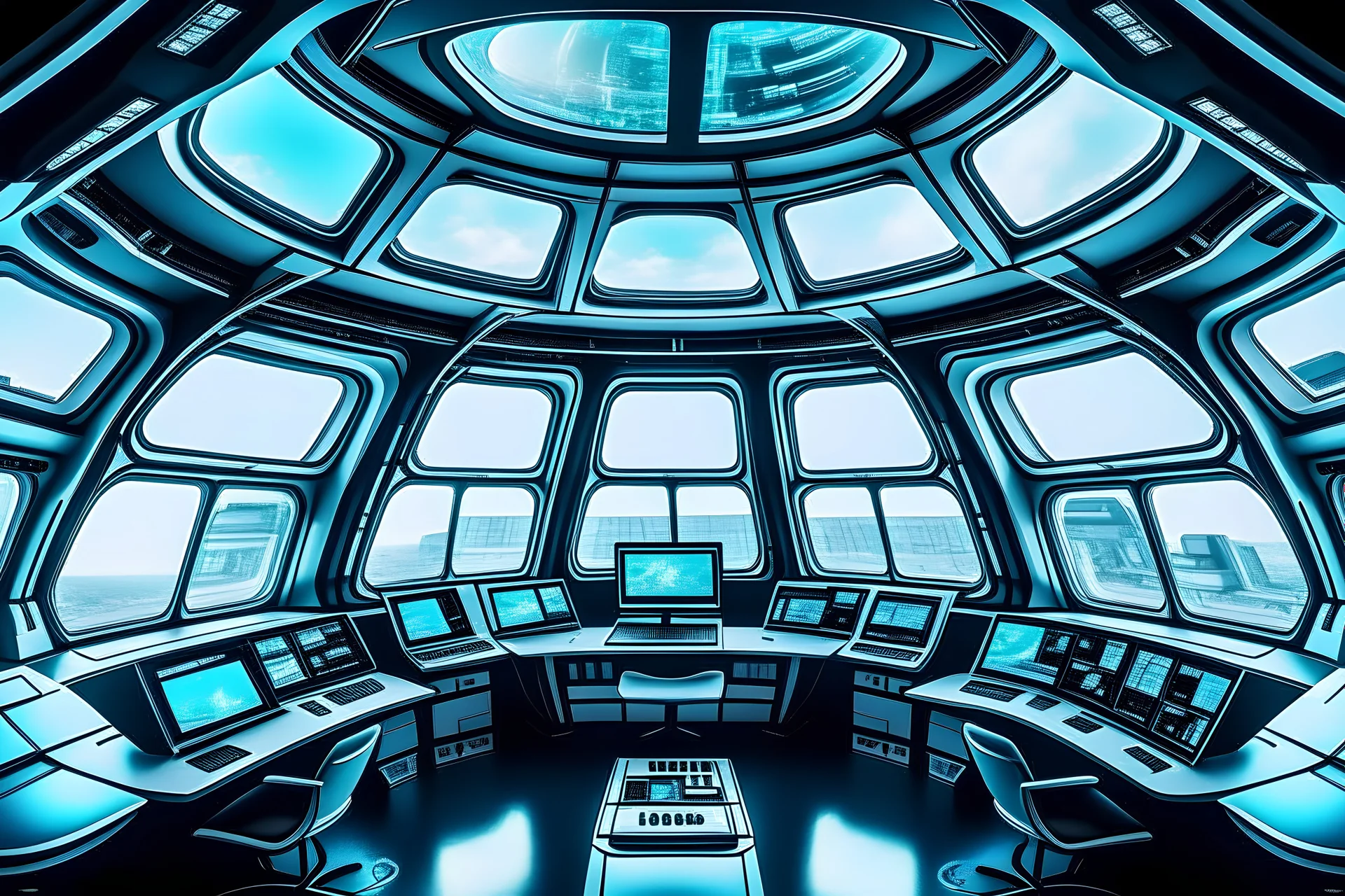 inside a ufo with a big tech layouts with windows