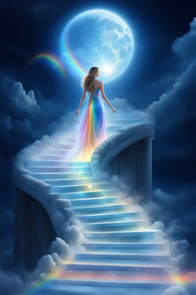 fantastic,Beautiful woman, stairway to heaven whit rainbow, ufos