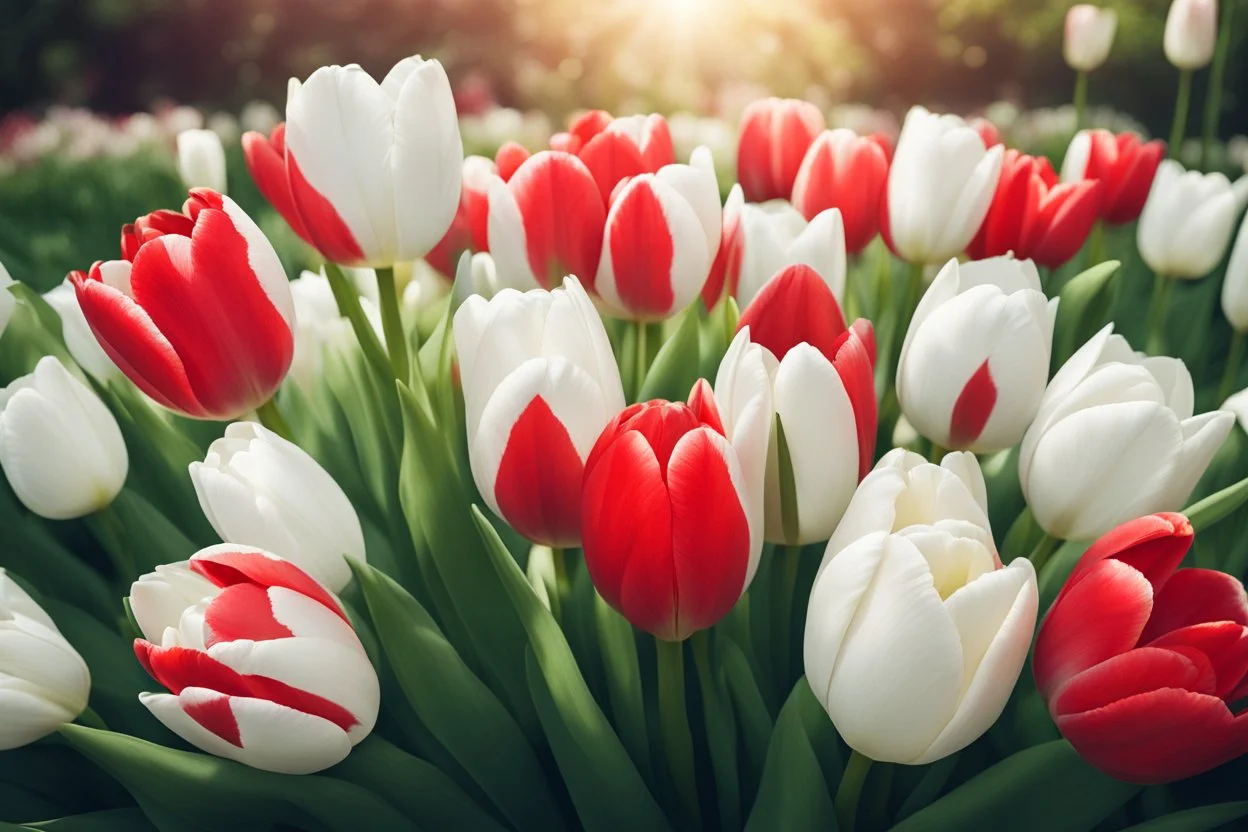 photorealistic red and white tulips bouquet, red tulips above and white tulips down in flowergarden, soft lighting, sharp focus, rough edges in sunshine