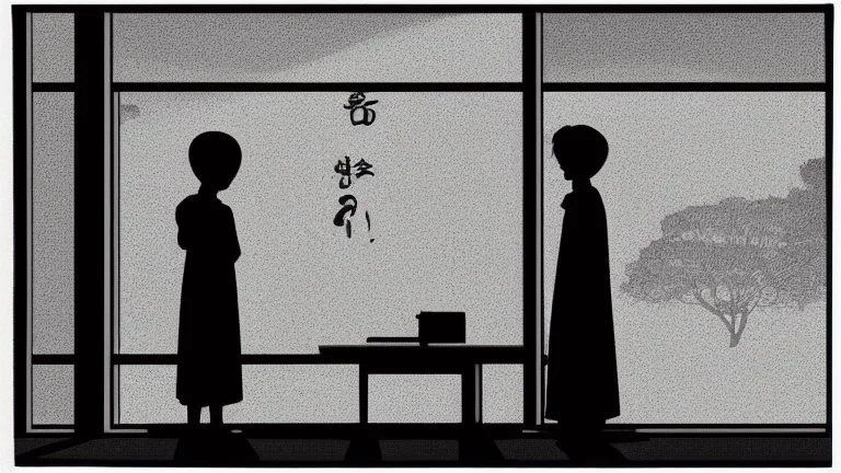 monochromatic japanese classroom with a shadowy figure looking out the window holding a transparent key emanating glow that colors the surroundings, anime