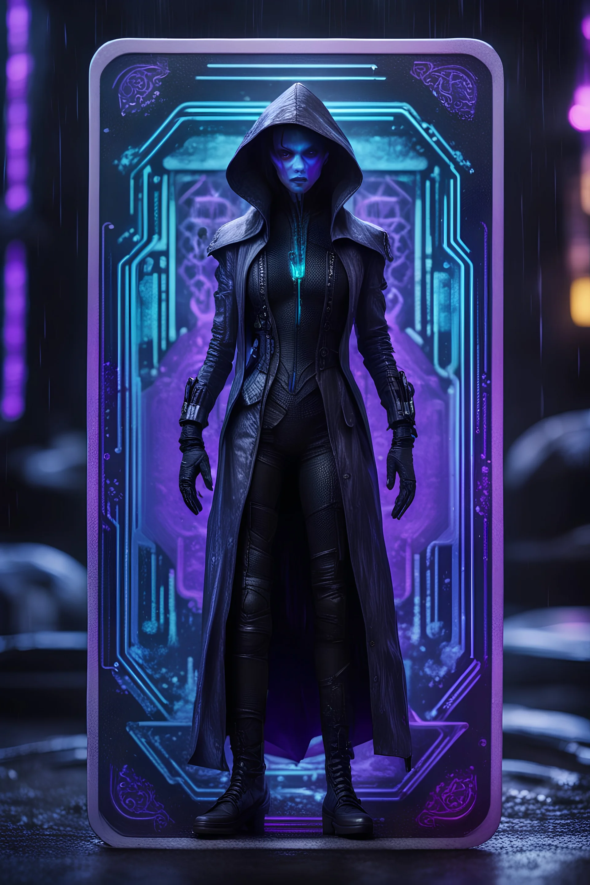 paradise sacred geometry framed playing card, black, blue and purple neon cyber punk dancer thief in soaked rain coat shadows boss card in the style of Giger and fallout 4 ,,bokeh like f/0.8, tilt-shift lens 8k, high detail, smooth render, down-light, unreal engine