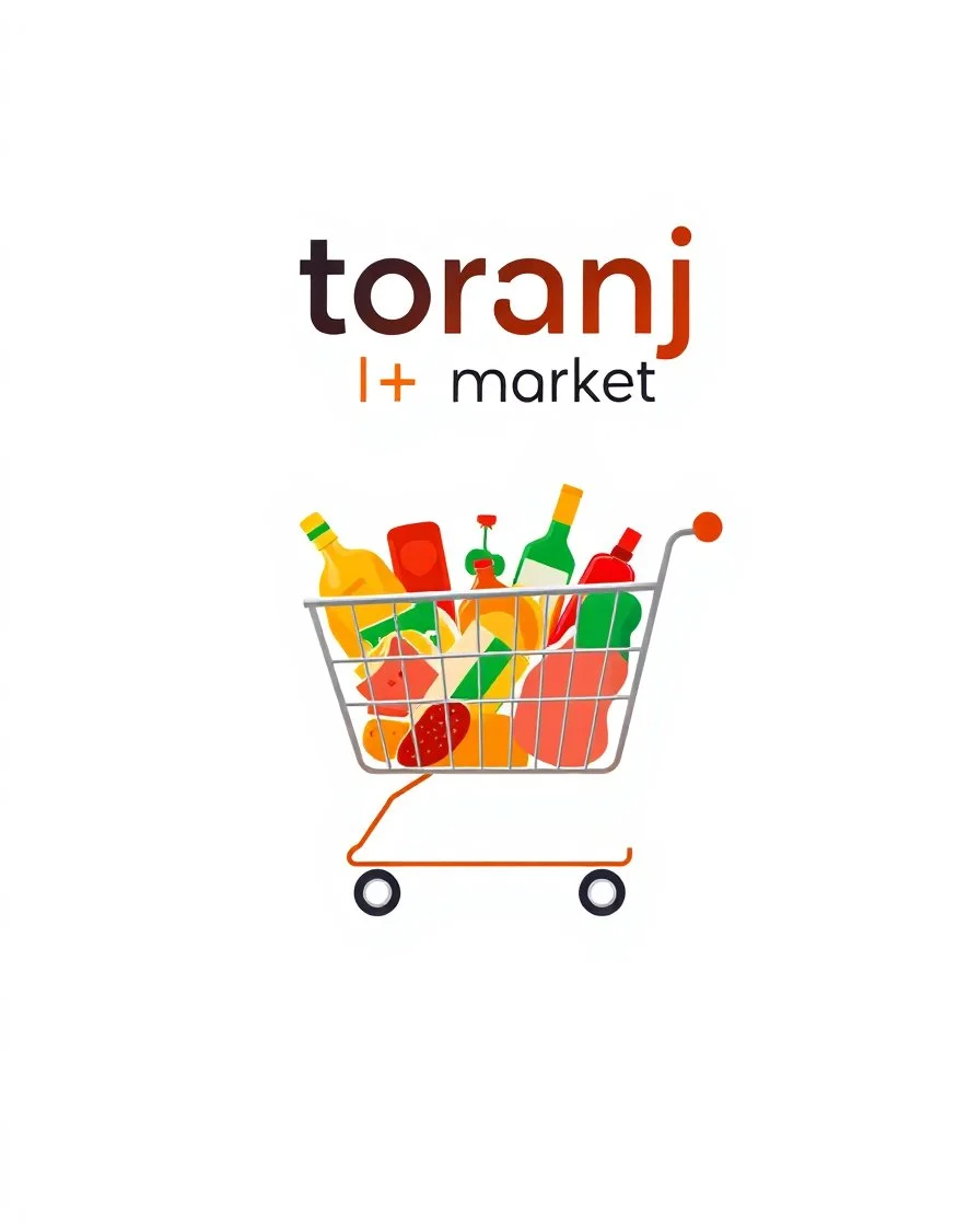 A beautiful design with a shopping cart in the middle filled with supermarket products and the words (toranj plus market) at the top of the image as a logo in a white, orange, and red color theme.