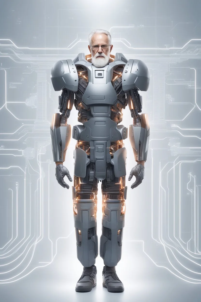 A full body portrait of a powerful old man. HIgh tech future