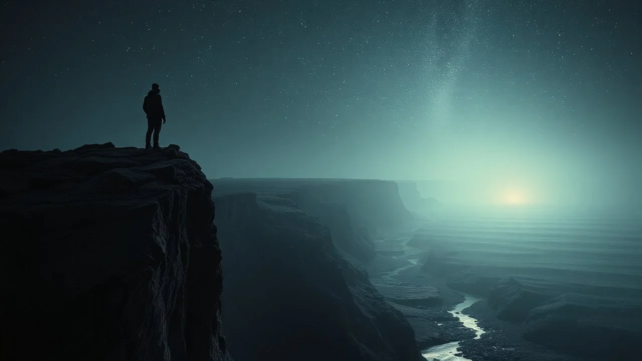 lonely figure stands on a steep cliff, below is a precipice, in front of him is the far rocky shore, between the two is an old, ragged, gaping, narrow bridge, dark, surreal, thriller, dreamlike, pale light, in the distance a faint light, hope, the figure looks up at the starry sky