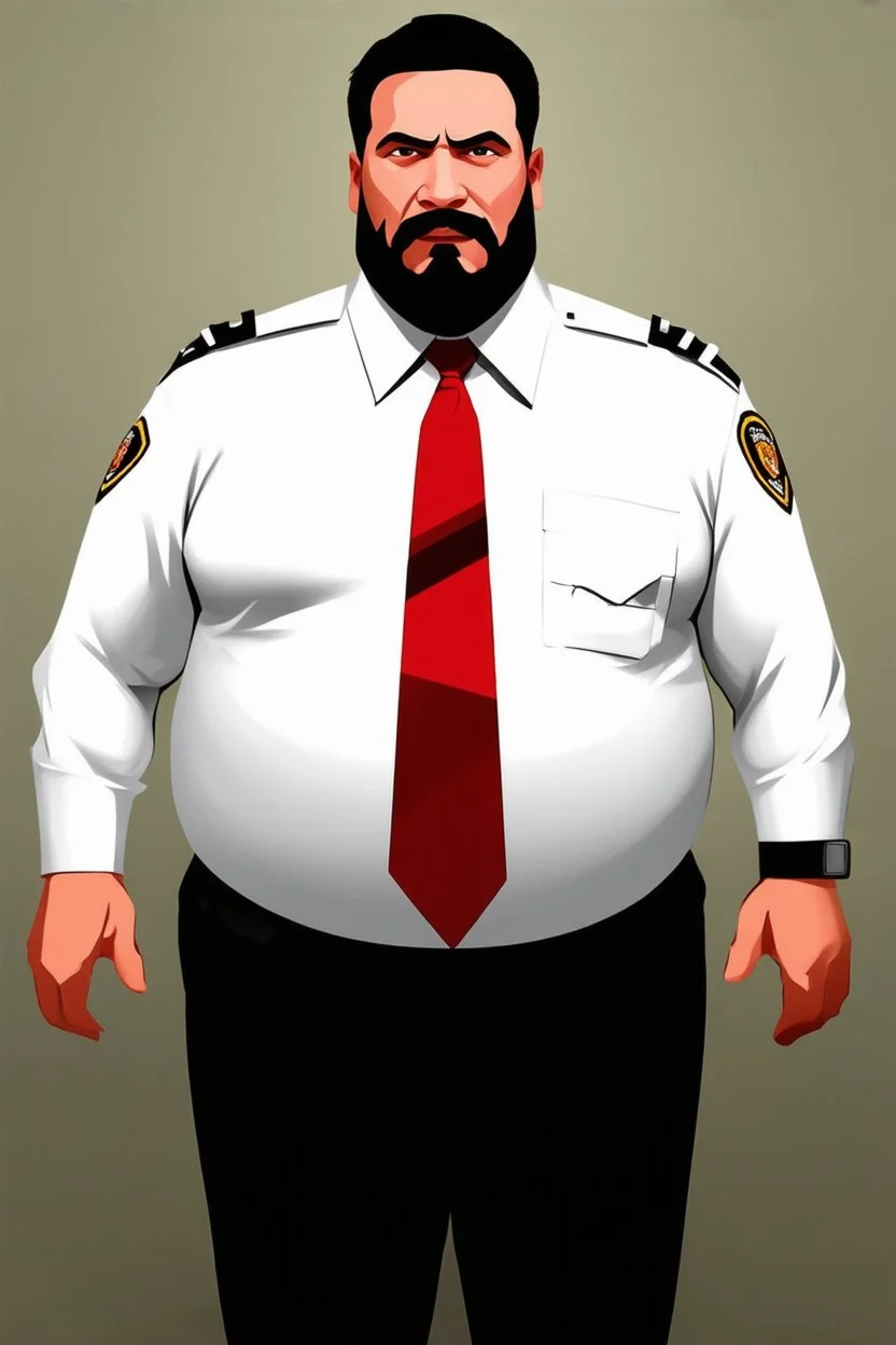 Crée le portrait d un agent de sécurité. Il est obèse. Il porte une chemise blanche sale trop petite pour lui et une cravate rouge. Il a les cheveux noirs. Il n a pas de barbe. Son hygiène est déplorable. Il est débraillé