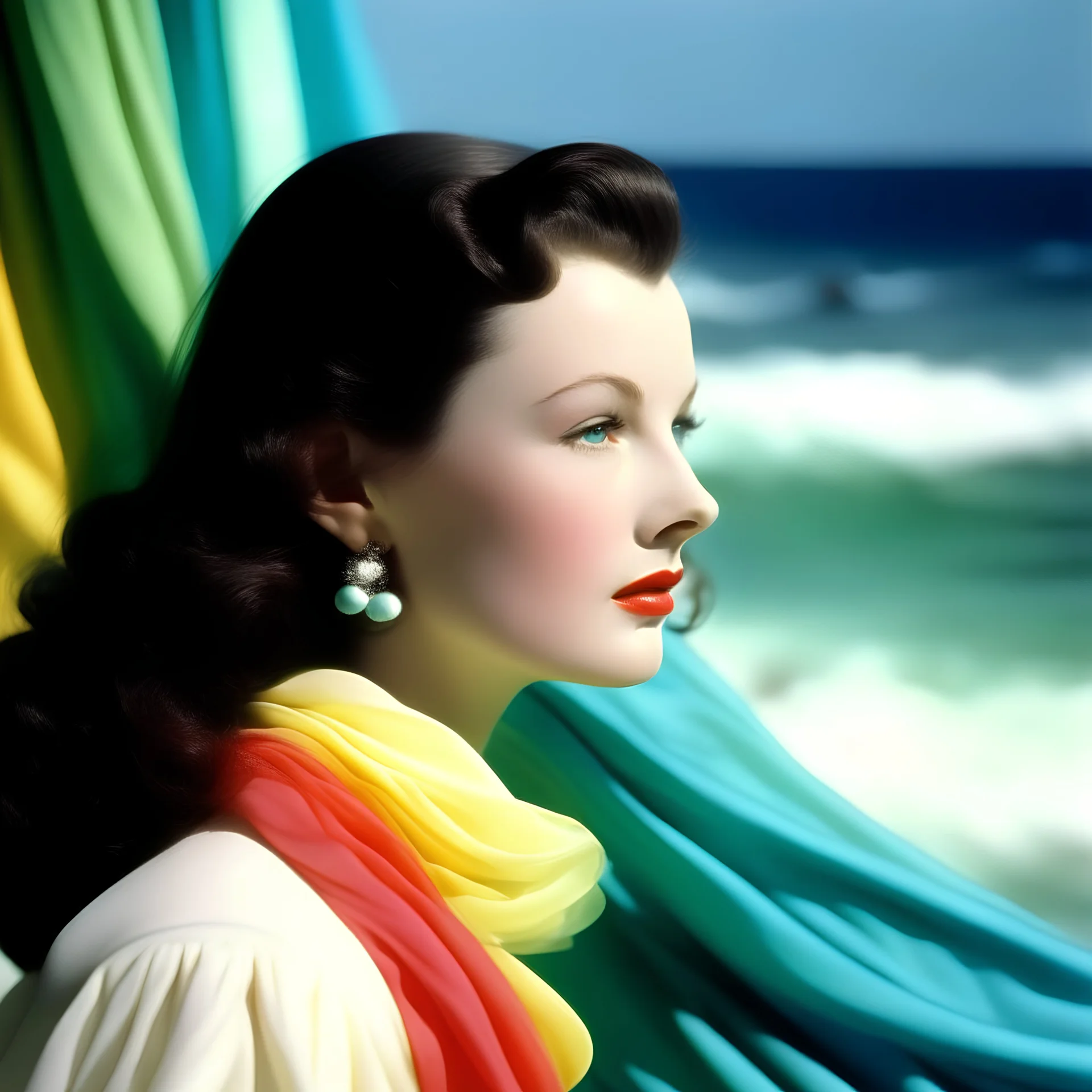 Vivien leigh A white curtain above the sea, turquoise, pink, orange, yellow, wind blowing