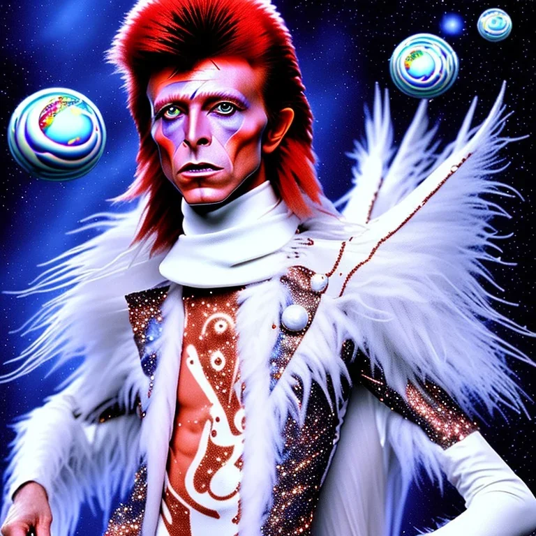 David bowie full body,Ziggy Stardust, white snow owl feathery fancy clothes, Jim Henson's The Labyrinth, Jareth the goblin king, crystal balls in hand, wearing spandex grey leggings, huge crotch bulge, labyrinth illusion, floating broken stairs background, anatomically correct, 8k hyper realistic, 80s ball room