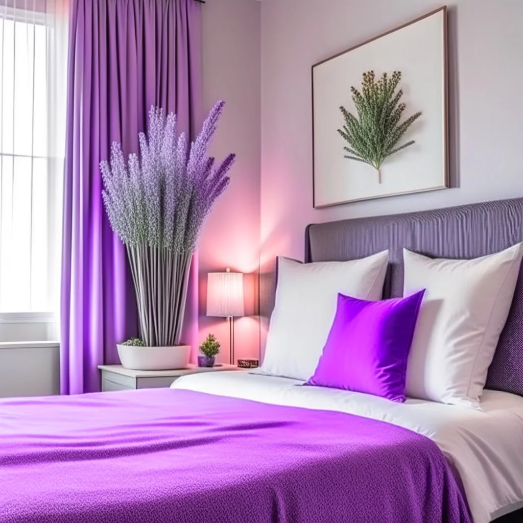 Concept of lavender flower in a hotel bedroom, modern classic style, lavender colors