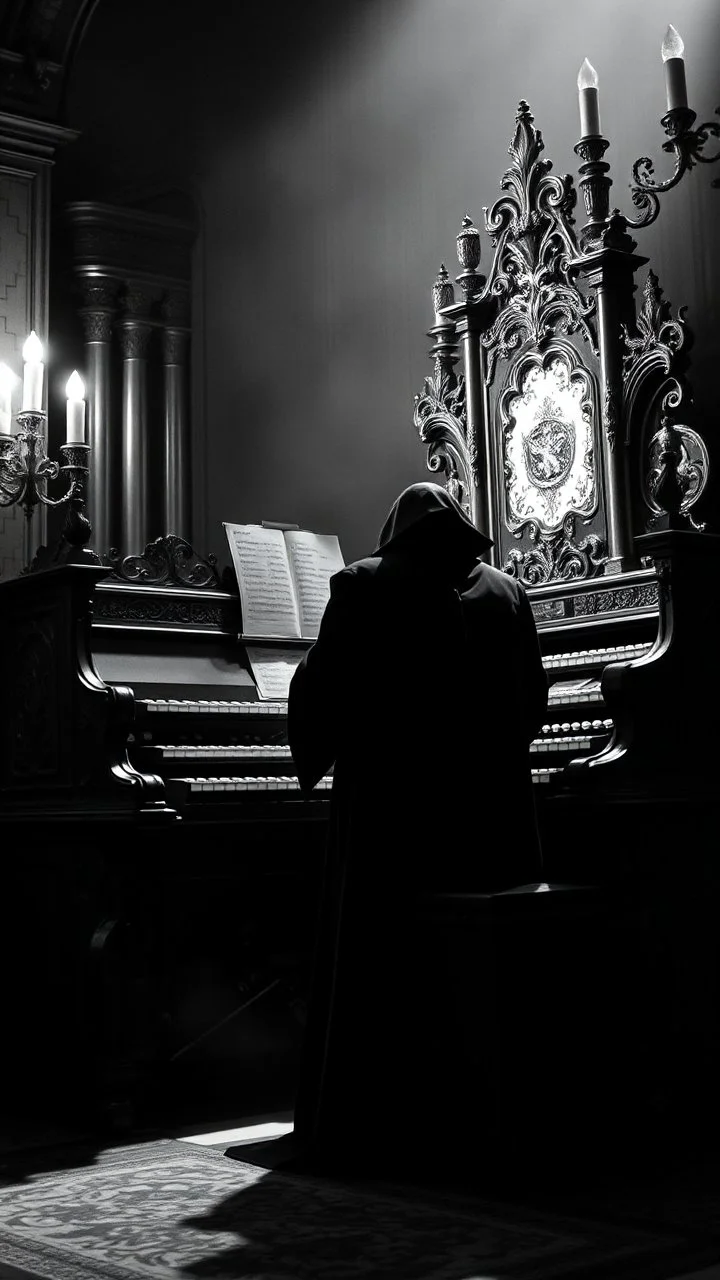 The phantom of the opera playing the organ all picture in black and white, Only the Organ is in colors