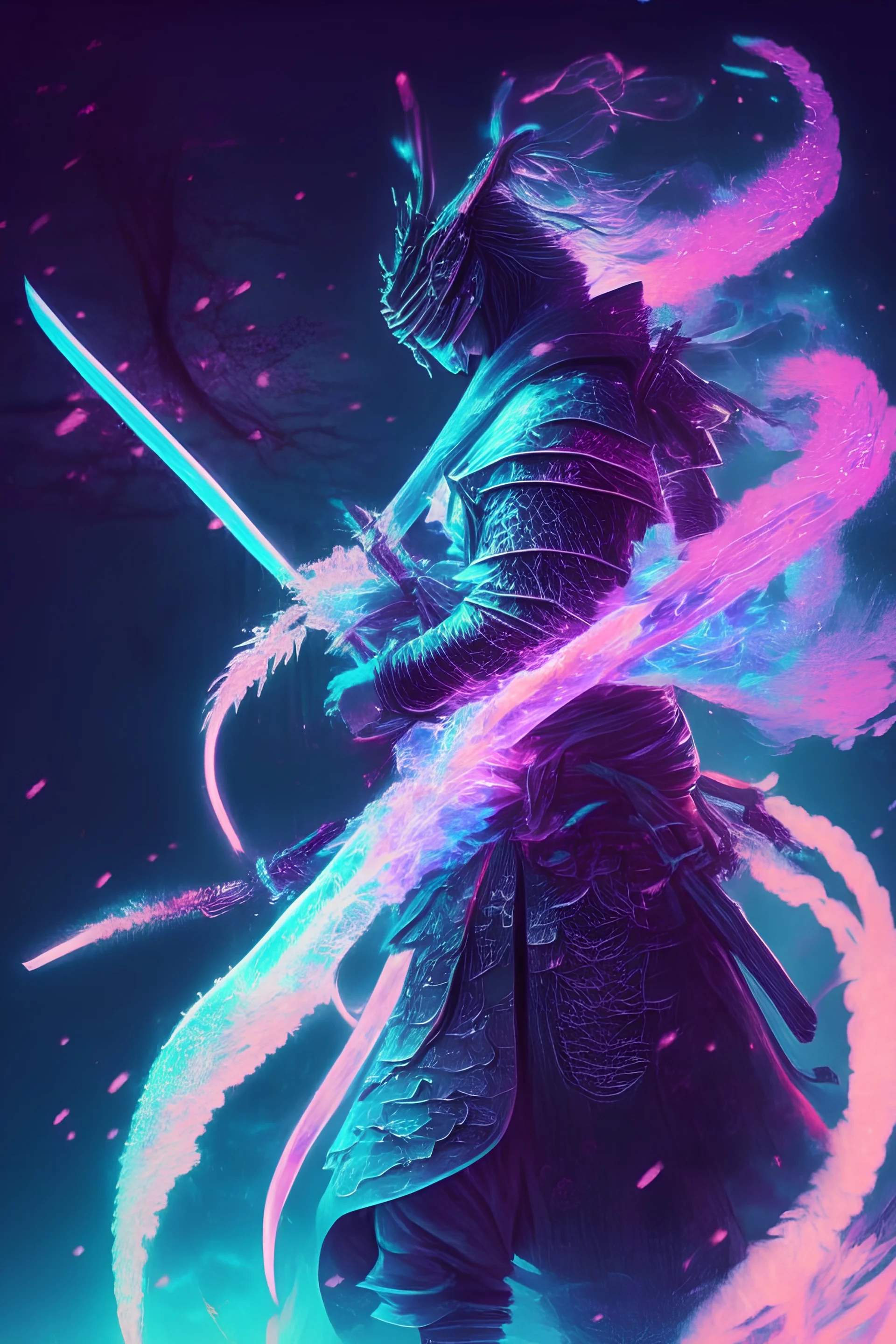 Mystical samurai emitting an aura of transparent dragons with a long, neon sword emitting an aura