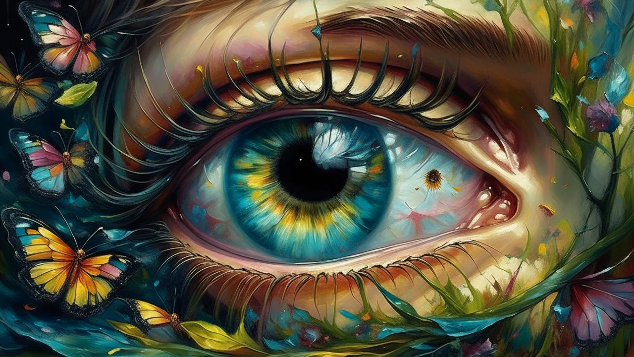 Surreal close-up of huge luminous eyes, multi-colored butterflies fluttering inside the iris, crystalline reflections in the pupil, long eyelashes like delicate branches, oil paint texture with visible brushstrokes, classical art gallery atmosphere, ornate gilded frame, magic realism style