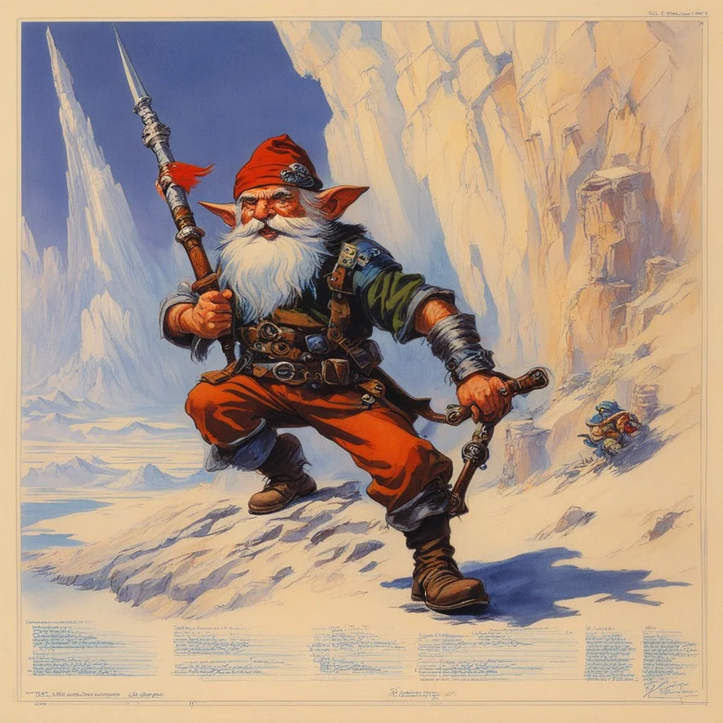 ConceptSheet [by Bruce Pennington]: gnome rogue and his sling with AD&D statistics