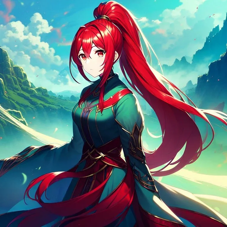 girl, masterpiece, best quality, cinematic lighting, detailed outfit, perfect eyes, red hair, red eyes, long hair, ponytail, landscape, in a fantasy world full of magic and mystery, inspired by miyazaki and akira, cel-shaded art style, detailed background with lush vegetation, neon-like elements and fog, vibrant colors and dramatic lighting,