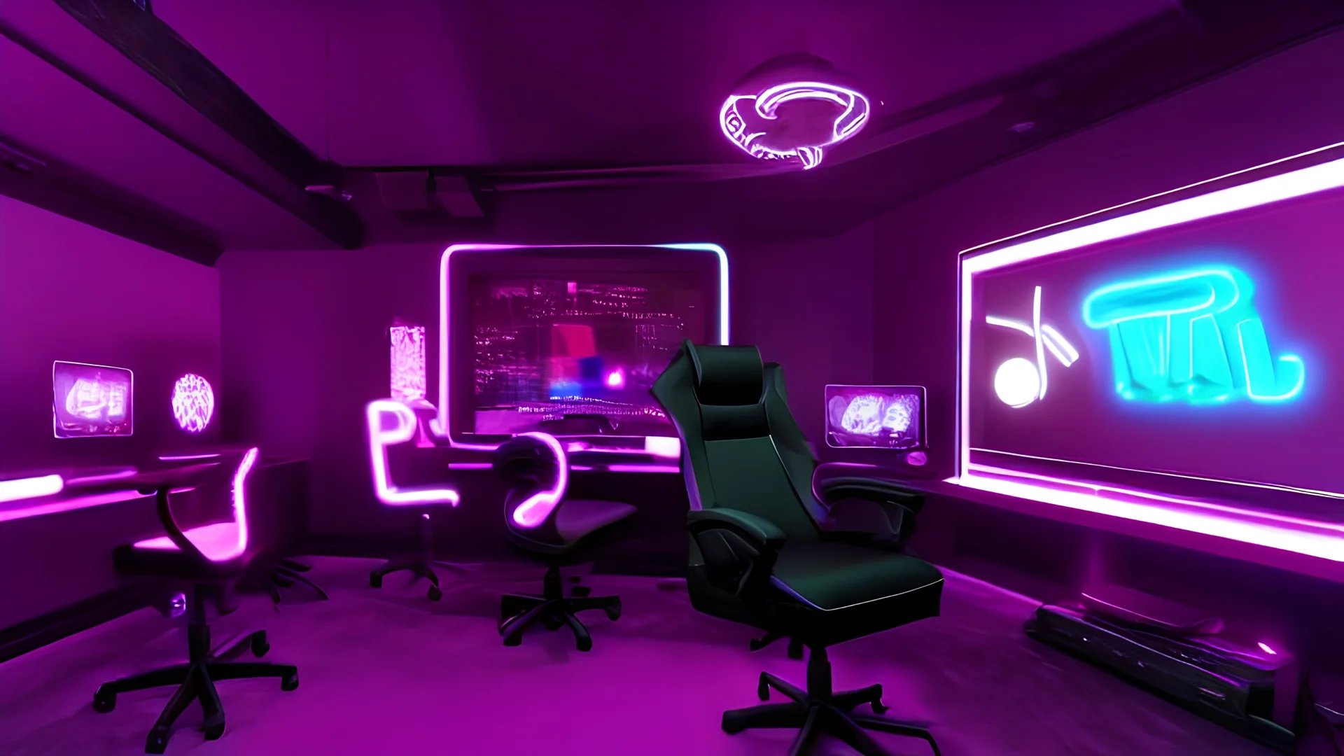 Dark purple and black gaming room with neon lights, gaming chair and PC with RGBs, realistic