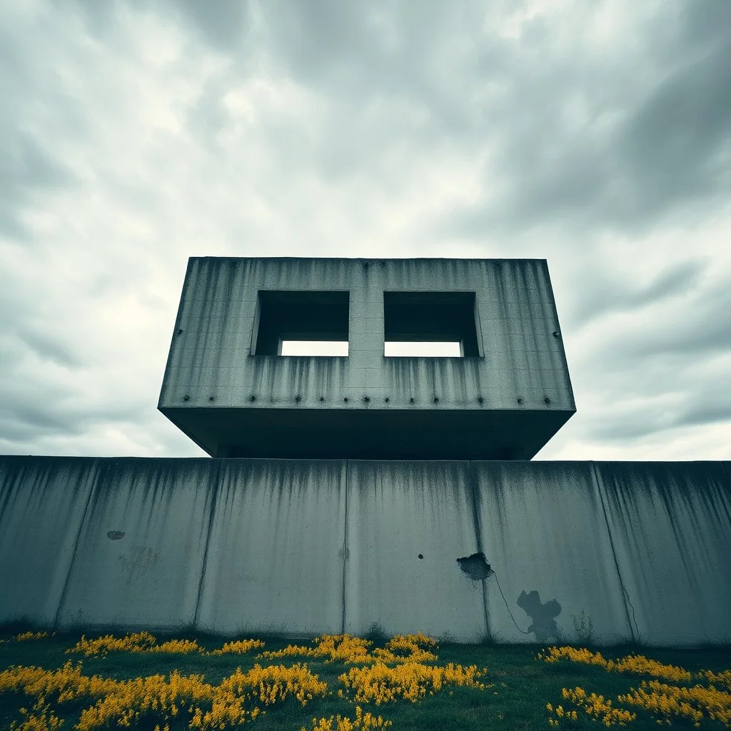 Fotografia di una struttura architettonica di cemento, probabilmente una parte di un edificio. L'immagine è in colori tenui, il che aggiunge una sensazione di austerità e desolazione. La parte superiore ha aperture rettangolari che sembrano finestre, mentre la parte inferiore mostra il muro con segni di deterioramento e fori. Il cielo sopra è plumbeo e minaccioso, con nuvole dense che danno drammaticità alla scena. Macchie gialle sul terreno con dettagli molto accentuati