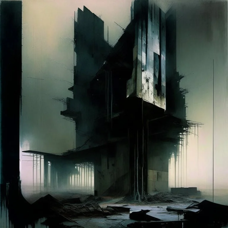 Dark Contemporary abstract painting of Lebbeus Woods brutalist architecture in a wasteland techno decaying landscape. Hazy foggy night sky. Concrete ground. Exposed twisted concrete and pipes. Style Justin Mortimer and JMW Turner.