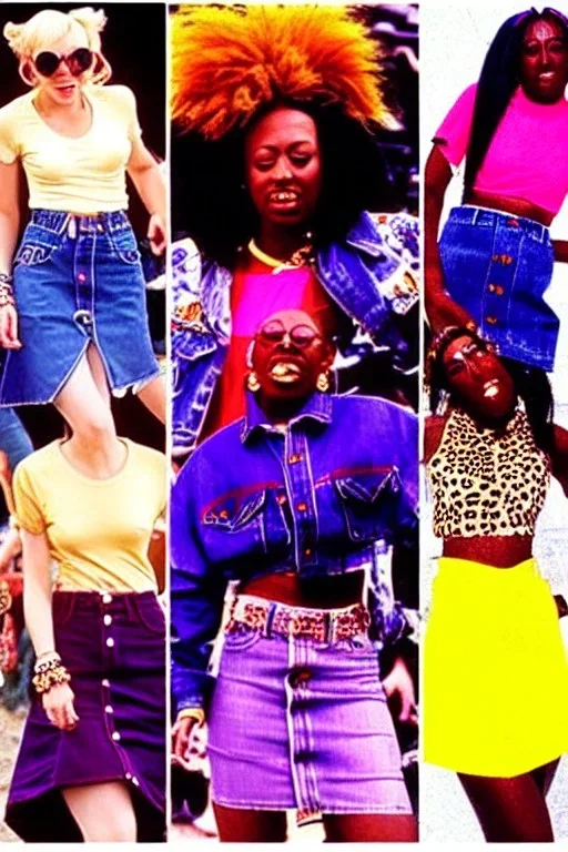 year 1996 denim fashion. Loose skirt, low waist. Colors: denim blue, blue, purple, cream, khaki, light green, lilac, plum, orange, terracotta, red, light yellow, lion yellow, pink, dark blue, beige. Cheetah pattern. Gwen Stephani, Missy Elliot, Shirley Manson.