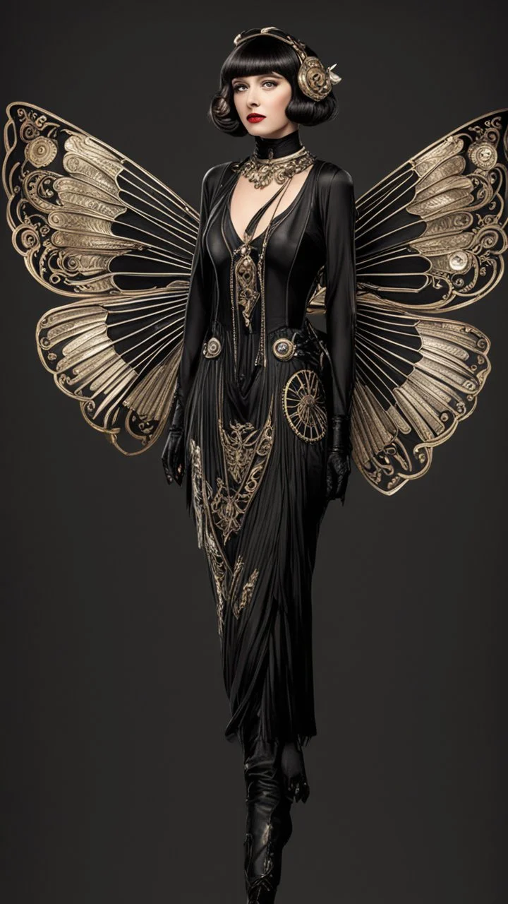 Full Body, Art Nouveau Woman With A Bob With A Fringe Hairstyle, 1920s Clothing, Steampunk Metal Moth wings, Black Background