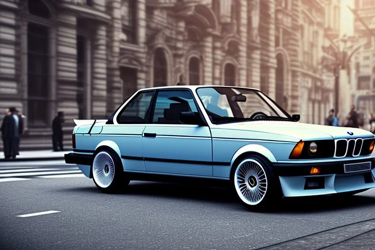 a 1990 bmw 2-door 4k ,ultra realistic,concept, 4k ,on street, parked in crowed city