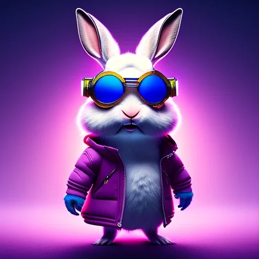 pixar style anamorphic cute rabbit baby, smiling, cyberpunk sunglass, gangsta gold neckless, full body, magenta puffer jacket, manila city backdrop, dramatic lighting, hyper realistic, unreal engine 5, 16k