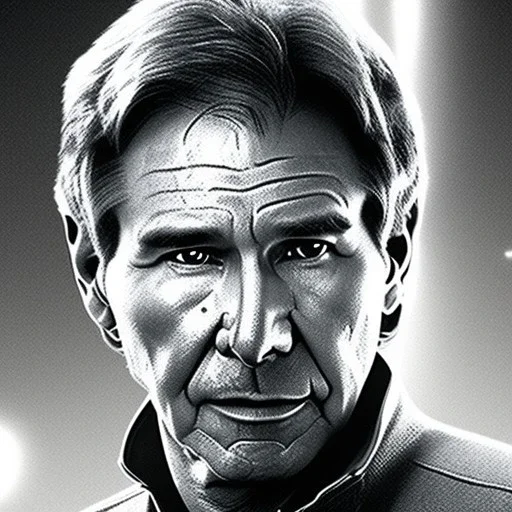 8K space background with stunning photo realistic detailed head to waist portrait of harrison ford as han solo in star wars with photo realistic short hair by Luigi Lucioni, Sharp focus, brown eyes, weathered skin,space jacket from star wars, cinematic lightning