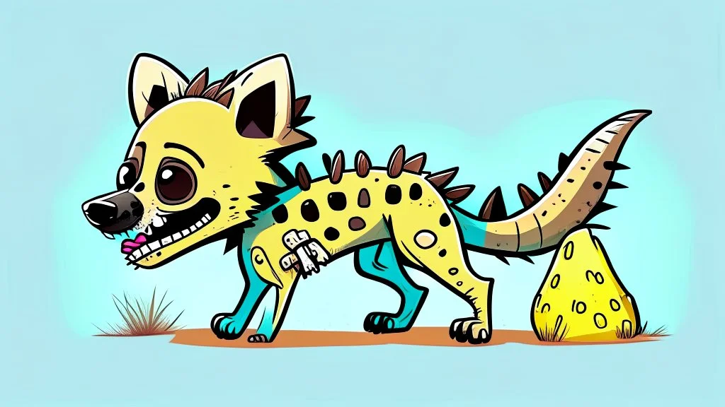 Cute chibi-style hyena dog, eating a big bony skeleton, cartoony, colorful, exaggerated, simplified, adorable