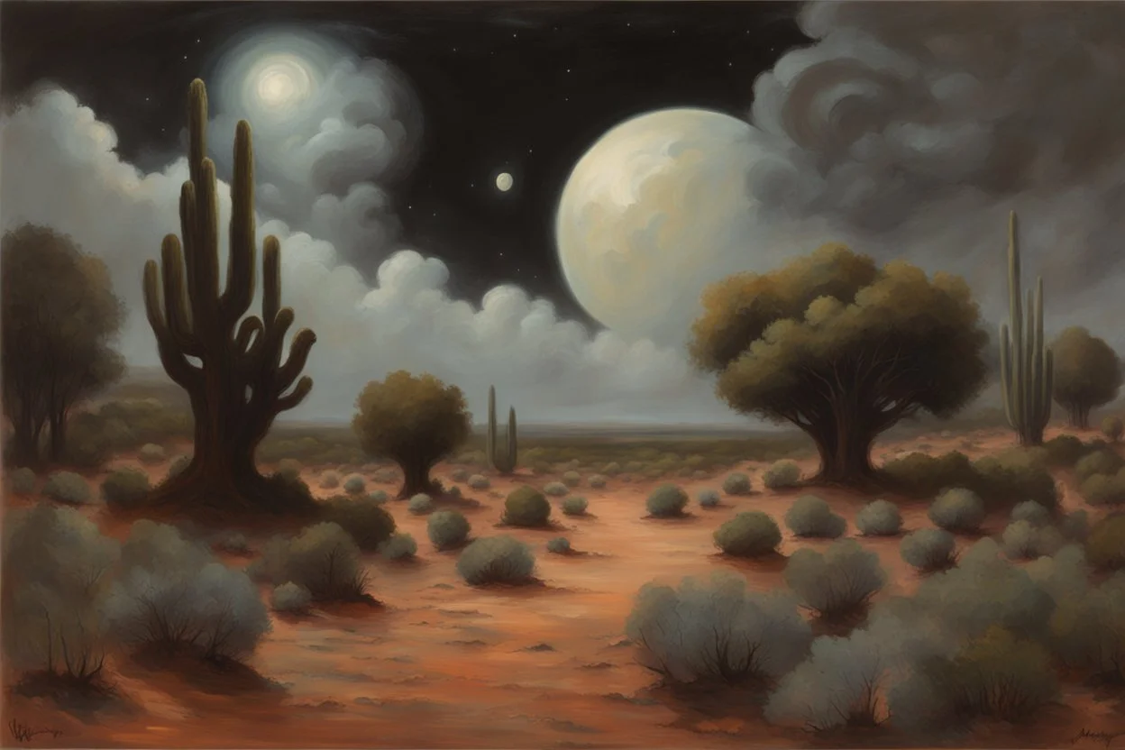 cloudy Night, mistery and enigmatic influence, sci-fi, concept art, rocks, vegetations, rocky arid land, people, 80's space science fiction movies influence, jenny montigny, rodolphe wytsman, and pieter franciscus dierckx impressionism paintings