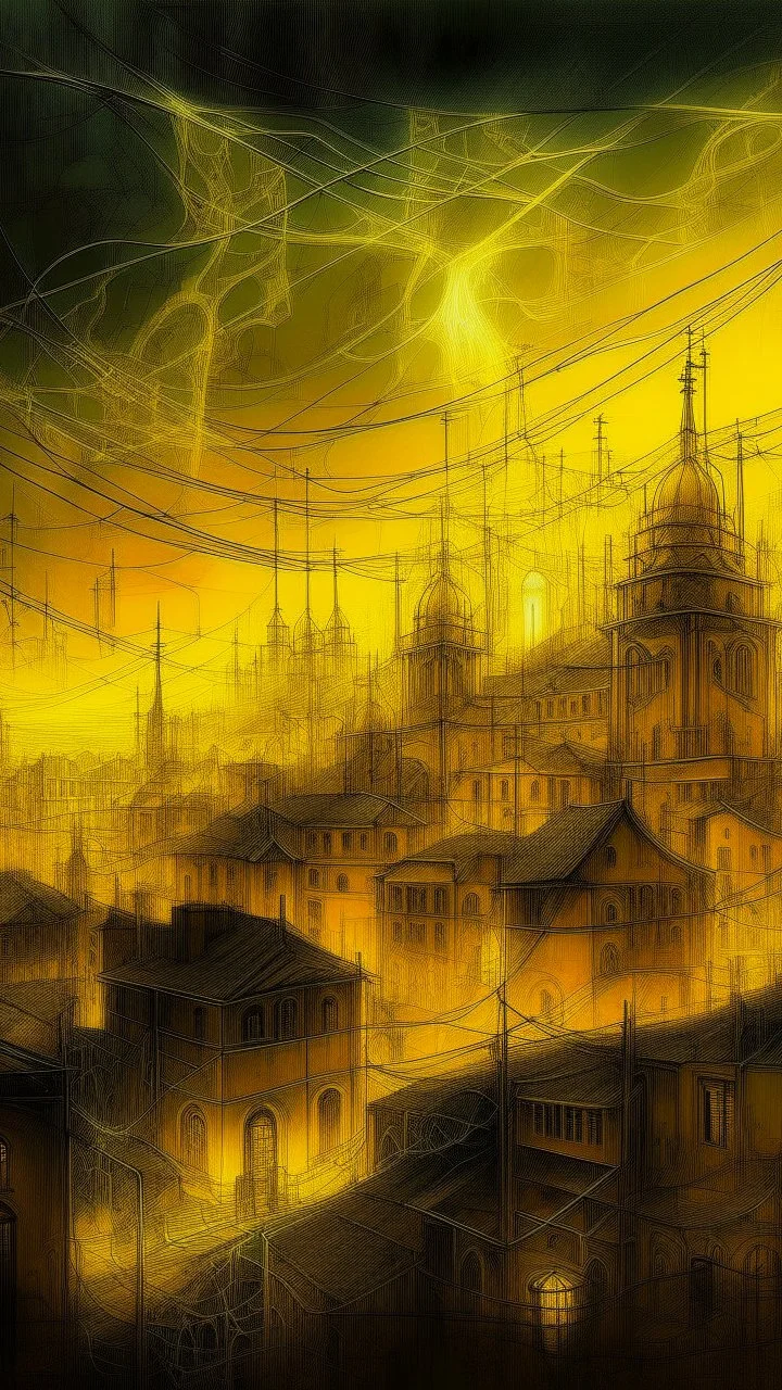 A yellow spooky haunted glowing electrical city painted by Leonardo da Vinci