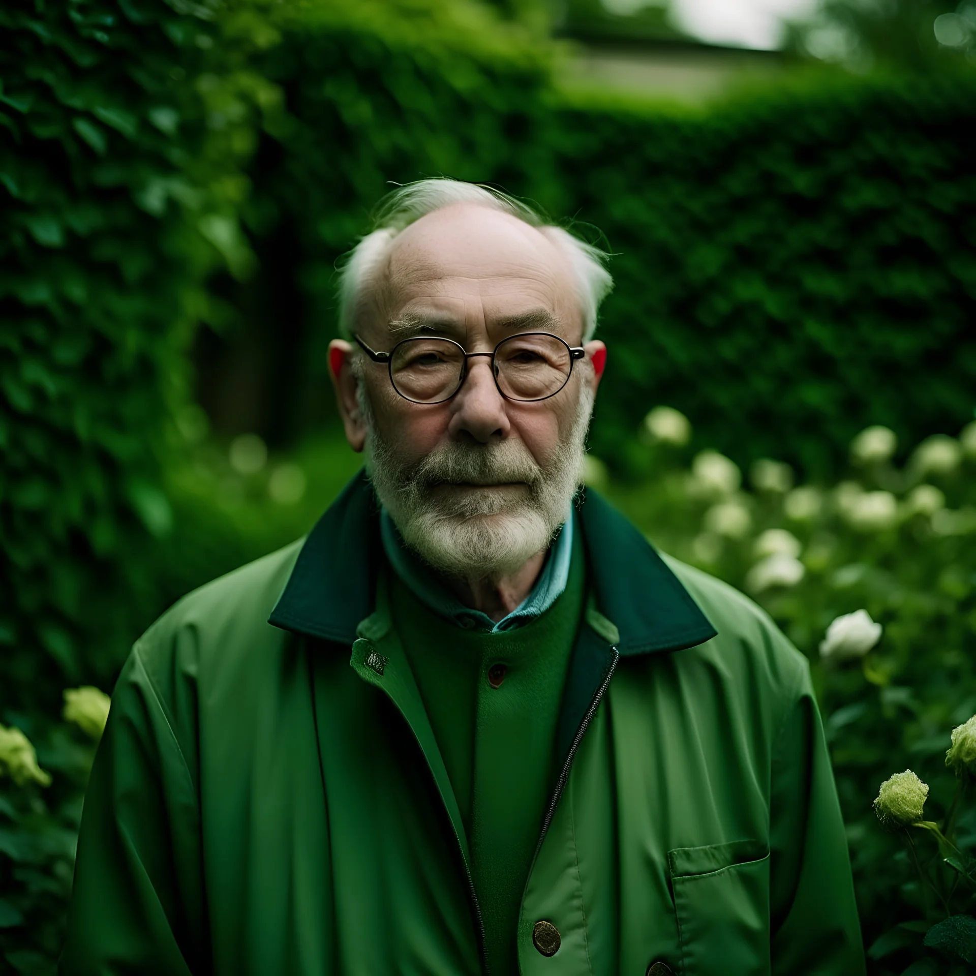 Un retrato de un anciano con un sobretodo verde y lentes de marco grueso en un jardín de rosas