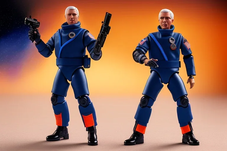 Mike Pence G.I. Joe toy figure With a laser blaster And jetpack space force Blue fabric uniform, fluorescent orange, black Moonboots