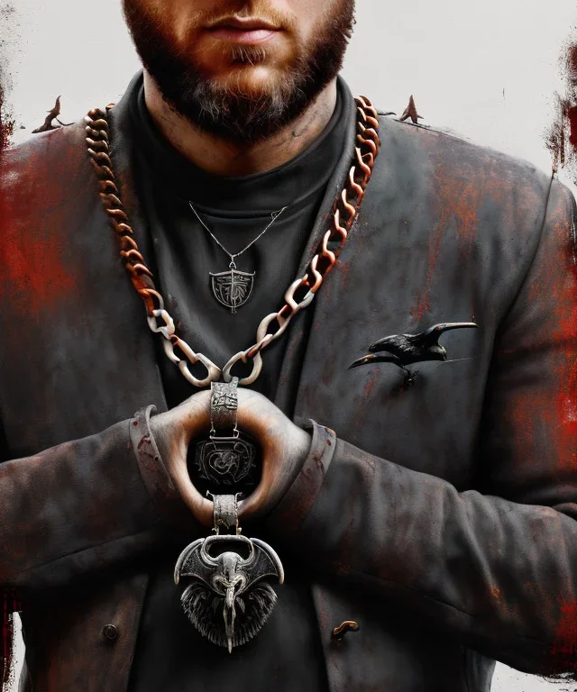 an abstract painting of rusted wood and ravens, Viking style, 8K, a Highly detailed stunning portrait of Dom man holding a submissive woman by the chain, realistic face, white suit, beard, and short hair, bad boy