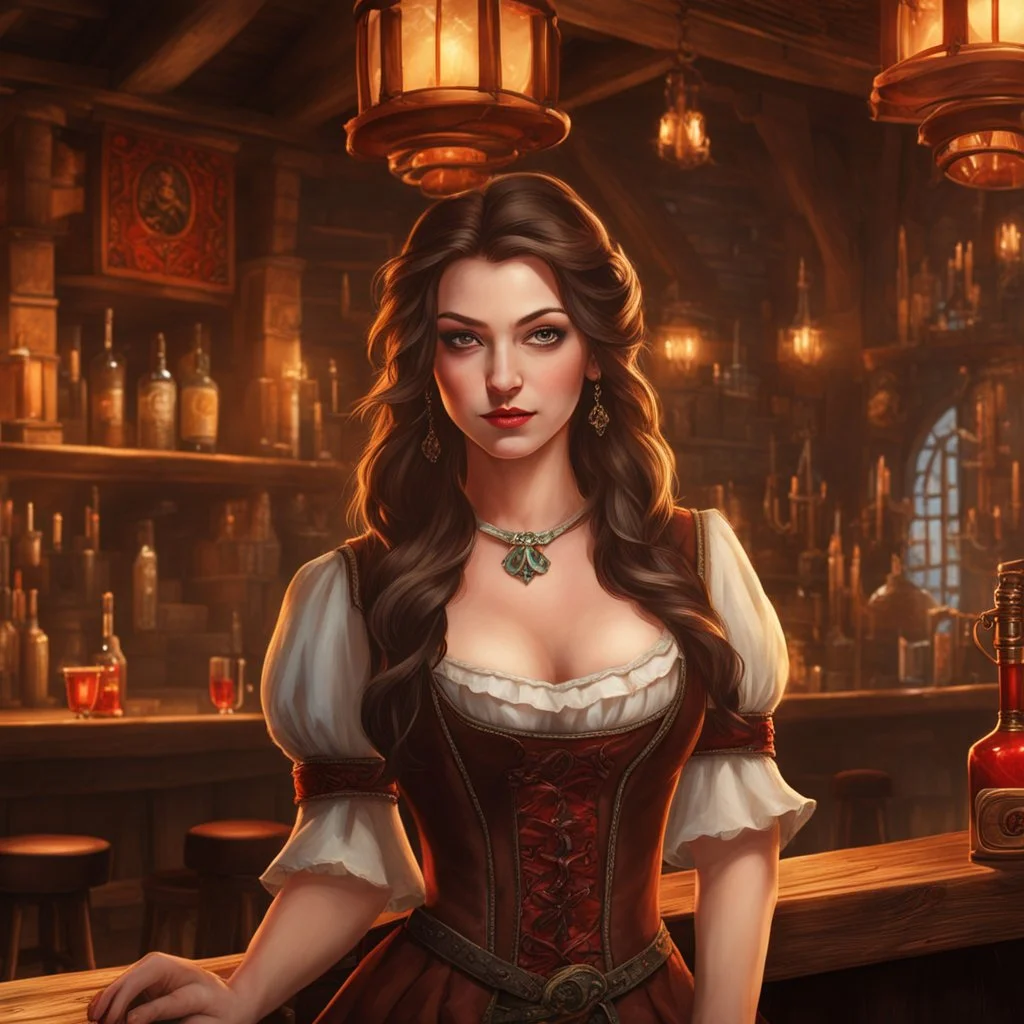 A looking young woman with pale skin and long brown hair in a fantasy tavern setting with intricate details. She is smirking, a tavern wench bartending, has intense red eyes, intimidating presence. High definition.