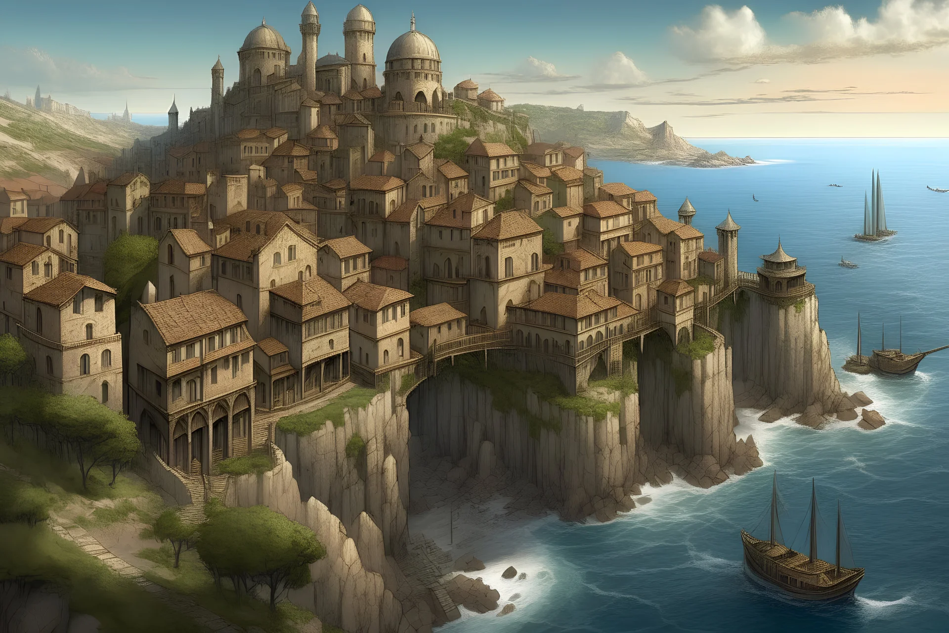 a large fantasy seaside metropolis, realistic artstyle, large castle on a hill near the coast, correct perspective, king's landing, constantinople, bird's perspective