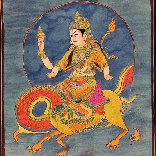 lakshmi riding a dragon in tibetian painting style