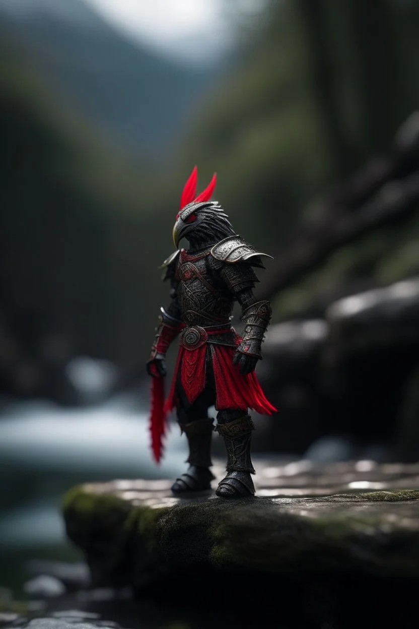 portrait of black knight with red feather on stone bridge in mountain pass in forest,shot on Hasselblad h6d-400c, zeiss prime lens, bokeh like f/0.8, tilt-shift lens 8k, high detail, smooth render, down-light, unreal engine, prize winning