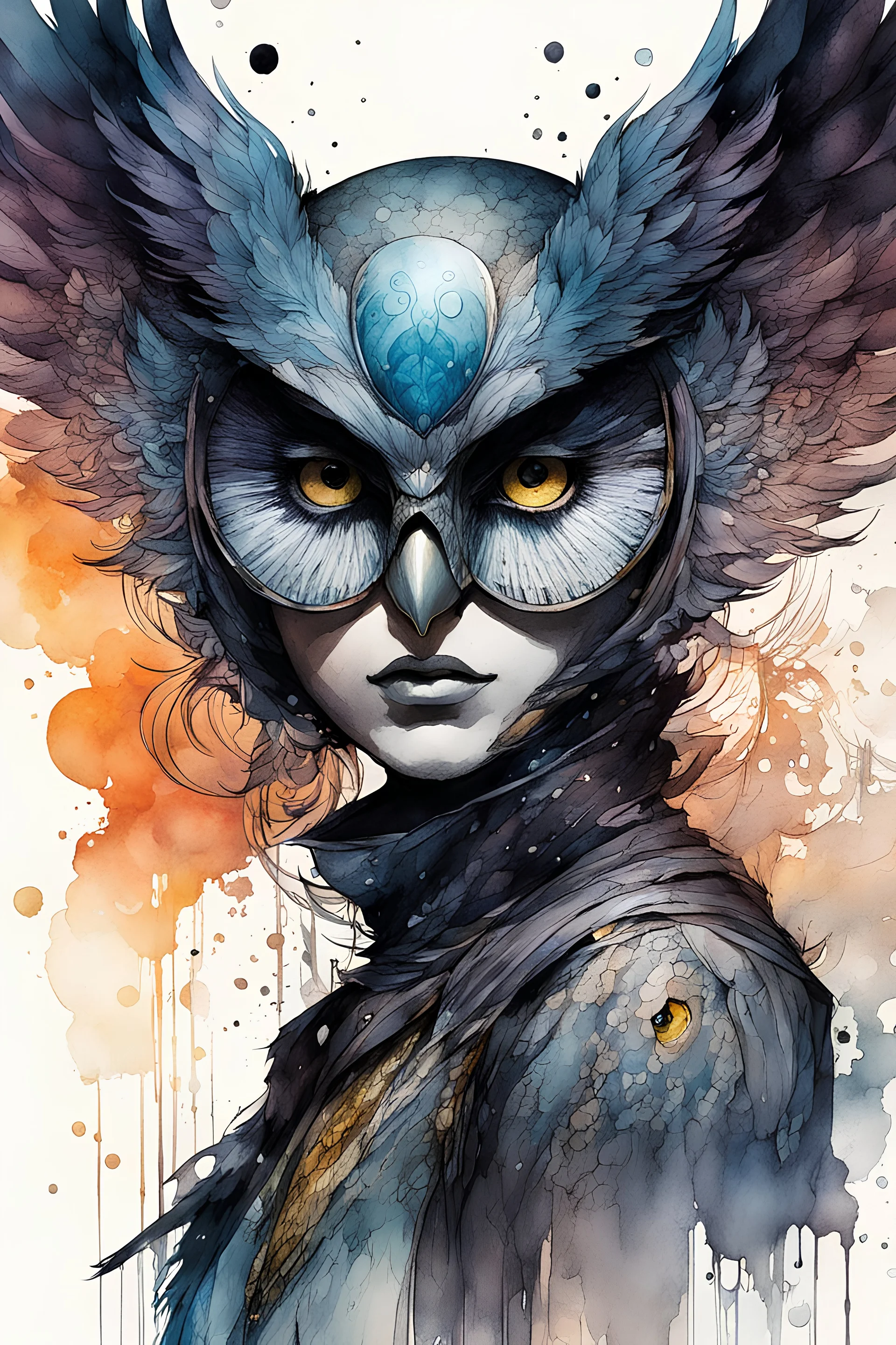 ink wash and watercolor concept illustration of a whimsical hybrid Owl girl character, ornately dressed with highly detailed feathers and facial features in the comic book style of Bill Sienkiewicz and Jean Giraud Moebius, with a fine art aesthetic, highly detailed , boldly inked, 4k UHD cinegraphic quality